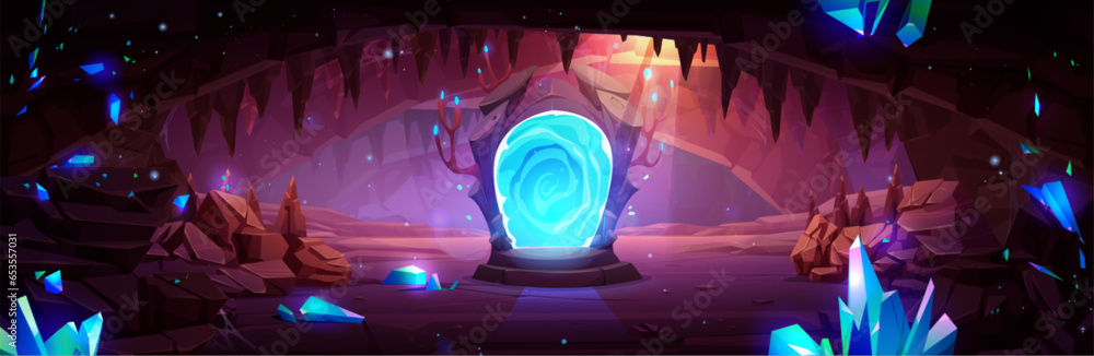 Dark cave with gemstones and magic portal. Vector cartoon illustration of underground dungeon with sparkling mineral stones, rocky stalactites on walls, teleport mirror glowing with neon blue light