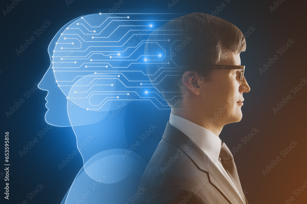 Side portrait of attractive young european businessman with circuit head on blurry blue background. Artificial intelligence and robotics concept.