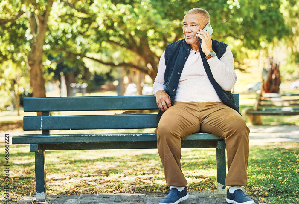 Senior man, phone call and park with conversation and bench outdoor with communication. Nature, discussion and mobile networking with an elderly male person speaking and listening in urban garden