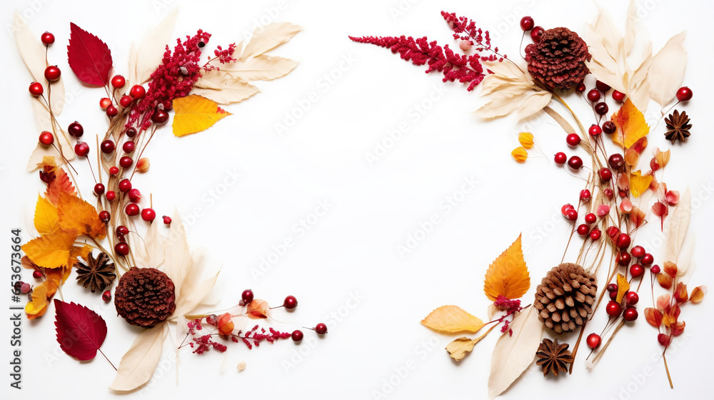 Autumn creative frame composition with dried leaves, chestnuts, red berries and cones on white background. Generative AI