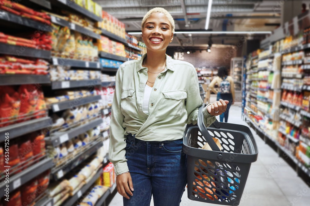 Portrait, grocery shopping or happy woman by shelf for food choice, product price check or retail cost. Sale, discount or excited girl customer in convenience store or supermarket for commerce search