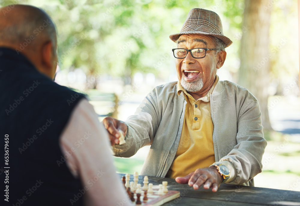 Winning, chess and senior man outdoor or friends in game of strategy in retirement for mental challenge. Boardgame, success and elderly person in park, woods or nature and move king in checkmate