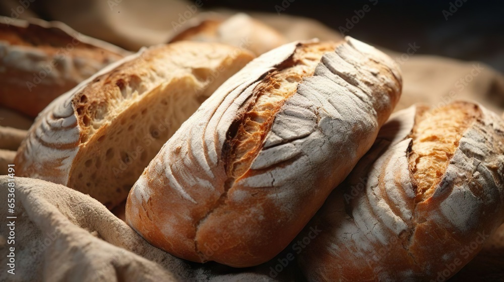 Freshly baked bread. Bakery traditional food. Healthy eating. Homemade delicious sourdough bread with natural products, healthy food baking, pastry ciabatta.