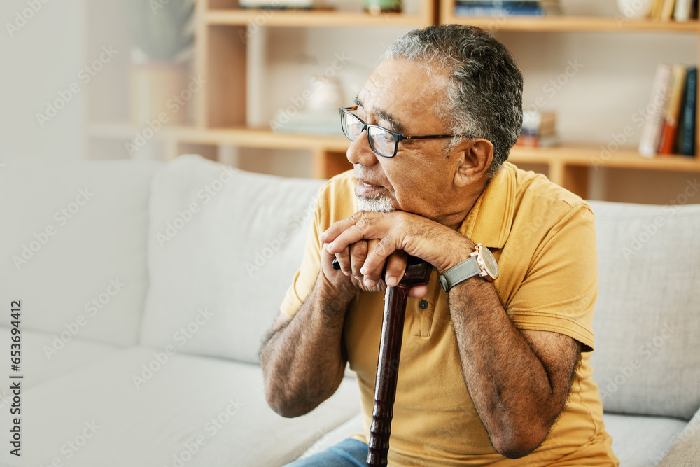 Mature, man and hands with walking stick for health, rehabilitation and retirement in nursing home. Elderly, person or grandfather with results for assistance, support and wellness with recovery