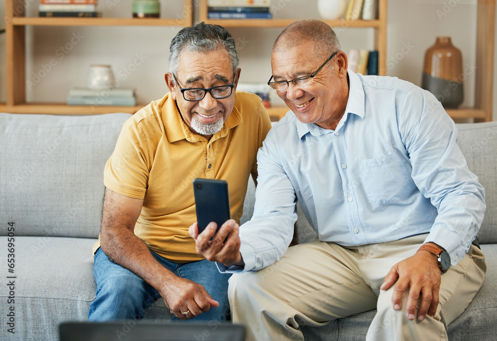 Friends, phone and senior men on sofa smile for selfie, profile picture and video call at home. Retirement, home and mature people on smartphone for internet, social media and bonding in living room