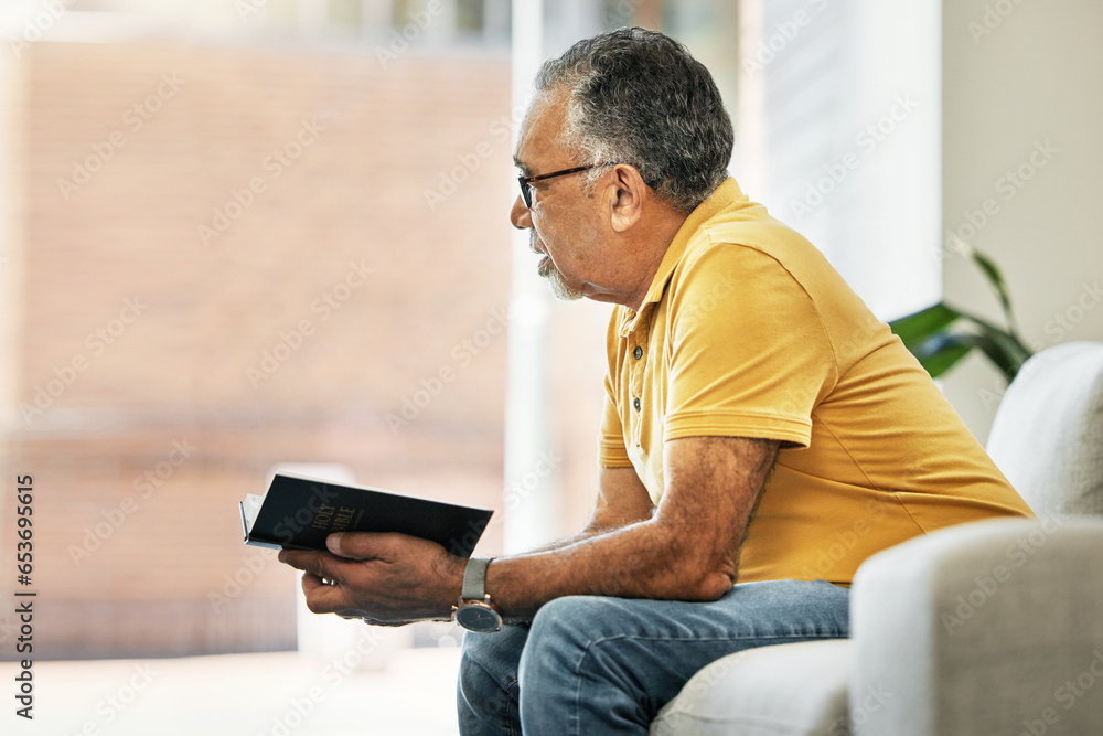 Senior man, thinking and reading a book on sofa in home living room learning knowledge, information or ideas. Elderly, person and relax in retirement with novel, books or inspiration for fiction