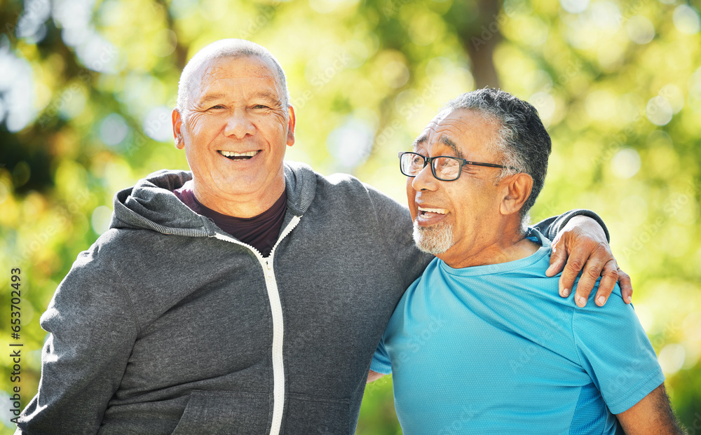 Portrait, friends and senior men in fitness hug at park outdoor after exercise, workout or training together for healthy body. Face, smile and elderly people embrace for teamwork, trust and support