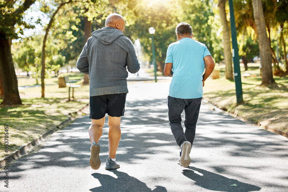 Friends, walking and senior men in park for wellness, health and wellbeing for energy in retirement, Fitness, workout and back of mature people in nature for exercise, training and cardio together