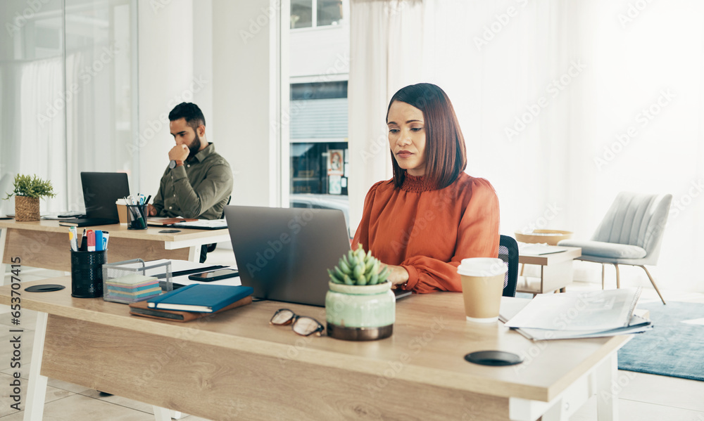 Laptop, coworking and couple in home office, working together and planning startup strategy online. Small business, man and woman at desk with computer, report and website research at digital agency.