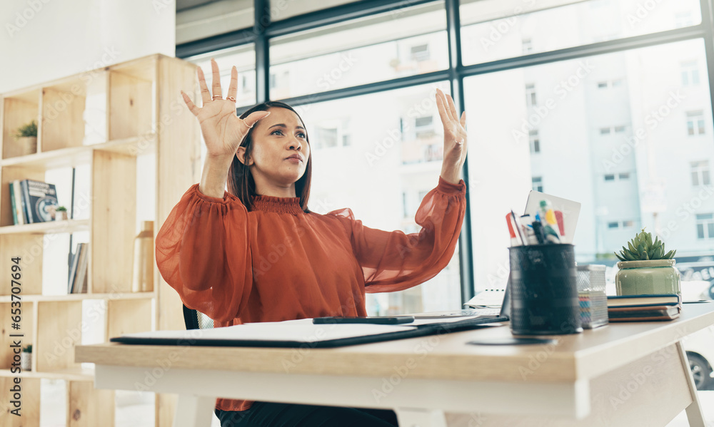 Computer, invisible screen and business woman in office for user interface, 3d hologram and ux mockup. Futuristic, corporate and person at desk with hands for research, online website or digital tech