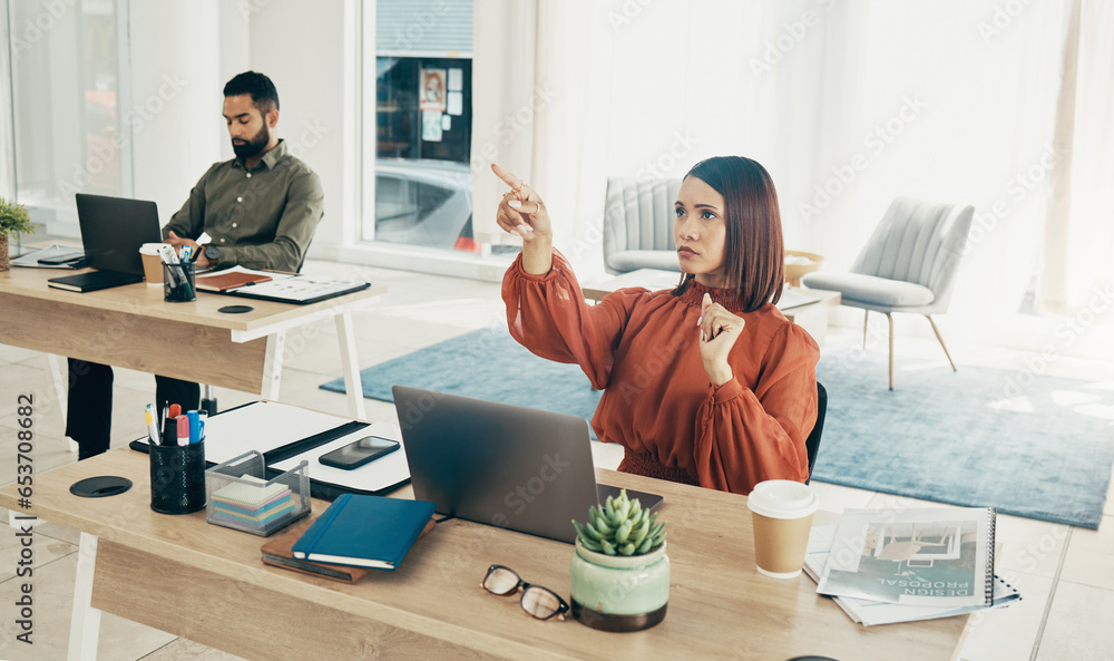 Touch, invisible screen and business woman in office for user interface, 3d hologram and ux mockup. Futuristic, corporate and person at desk with hands for research, online website and digital tech