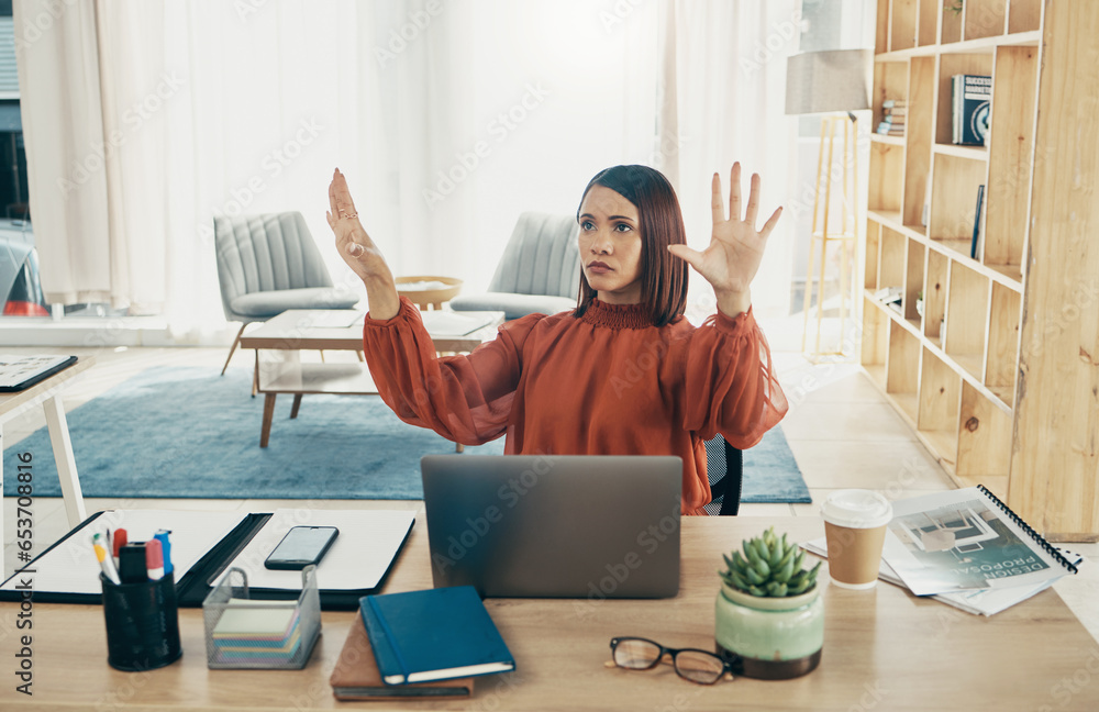 Hologram, invisible screen and business woman in office for user interface, 3d dashboard or ux mockup. Futuristic, corporate and person at desk with hands for research, online website or digital tech