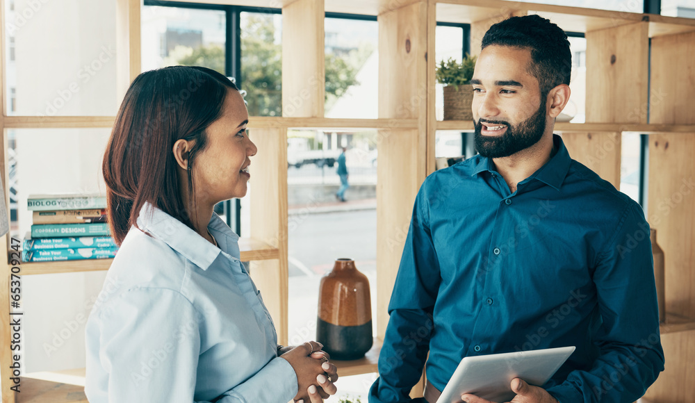 Business people, smile and tablet for collaboration, partnership or project management in office. Professional. man and woman with touchscreen or technology for meeting or recruitment at workplace