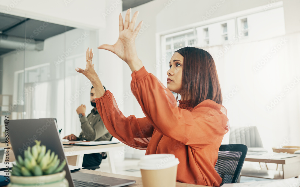 Futuristic, invisible screen and business woman in office for user interface, 3d hologram and ux mockup. Laptop, corporate and person at desk with hands for research, online website or digital tech