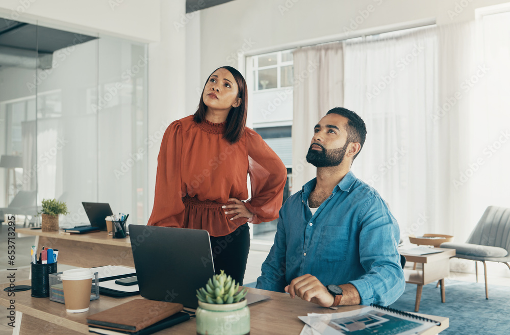 Man, woman and watch presentation in office with female manager, standing and training on website. Diversity, video conference and business meeting by creative director on project management or plan