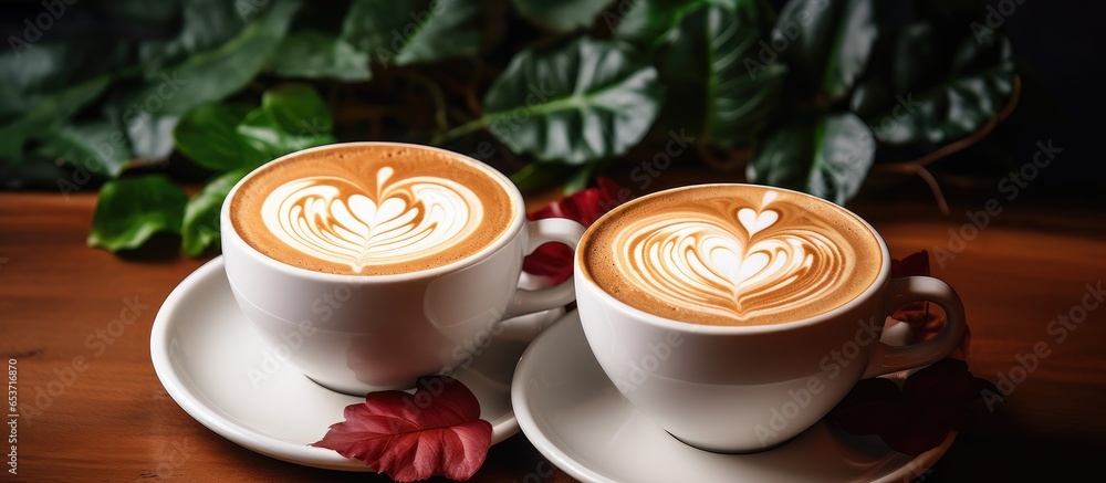 Cappuccino cups with latte art on wooden background foam ceramic cups stylish toning text space