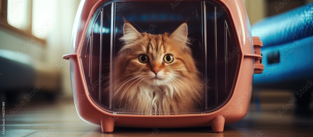 An upset cat in a carrier dislikes vet visits and fears the doctor