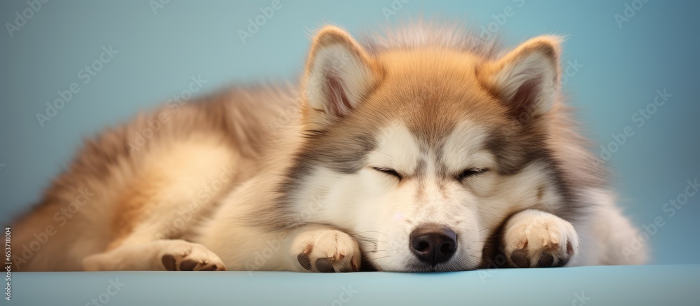 Alaskan malamut dog sleeping after long walk with owner on pastel background