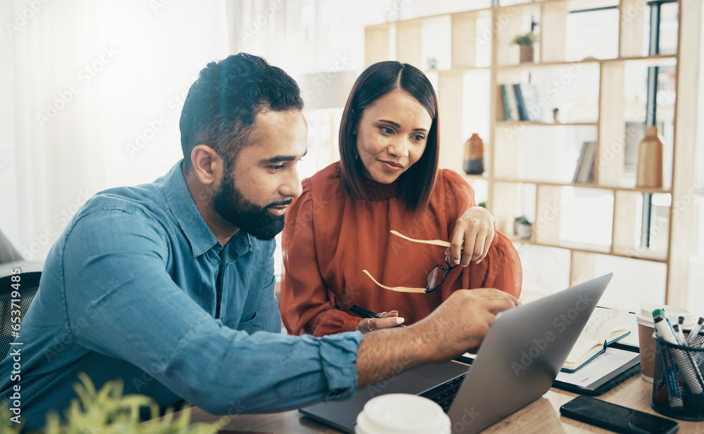 Coworking, couple in office and working together for planning remote work startup strategy online. Small business, man and woman at desk on laptop, networking email and web research at digital agency