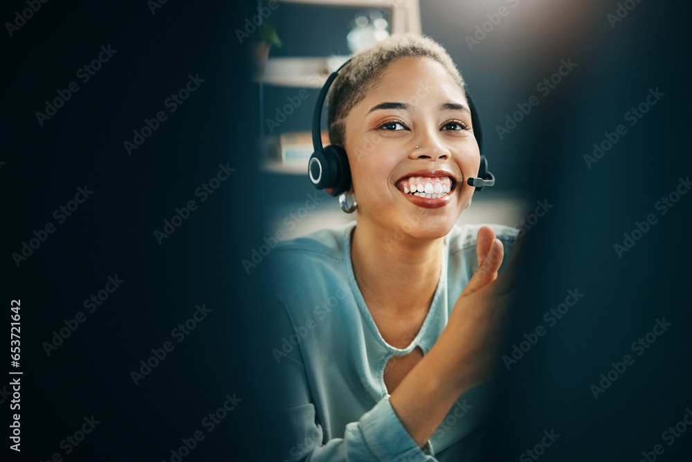 Happy customer service, computer and professional woman consulting for advisory, telecom or telemarketing sales pitch. Call center, lead generation or consultant smile for online support consultation