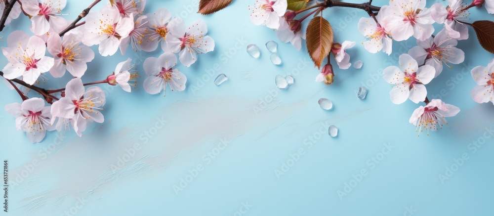 Beauty products and natural elements on blue background Spring skin care layout top view