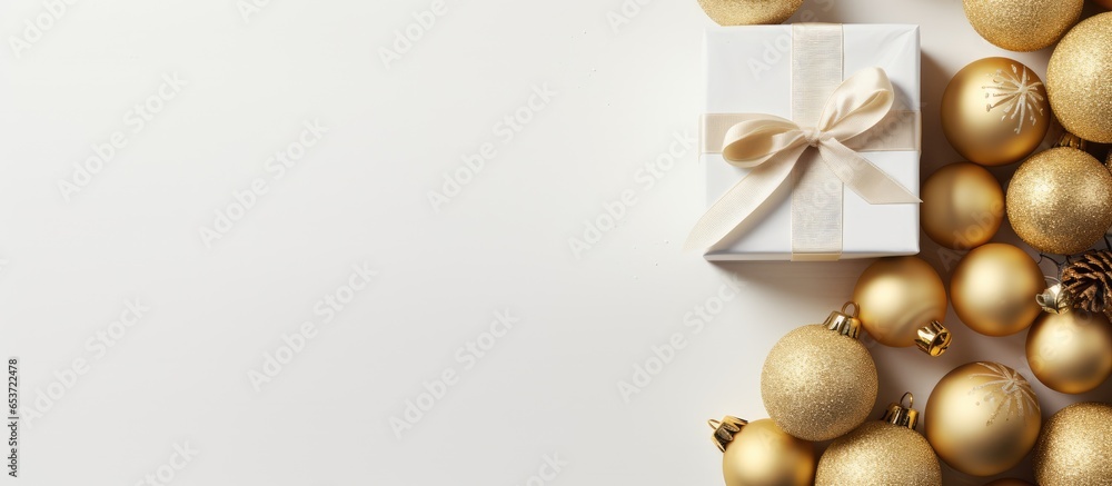 Christmas themed decorations and gift box Flatlay Symbolic representation Festive backdrop White backdrop Available area Overhead perspective