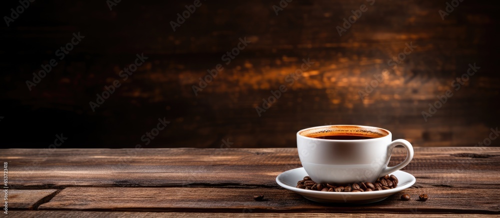 Coffee cup and saucer on wooden table with dark background