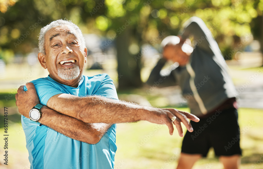 Senior man, portrait and stretching in fitness for workout, training or outdoor exercise in nature. Happy mature male person in body warm up or arm stretch for preparation, health or wellness at park