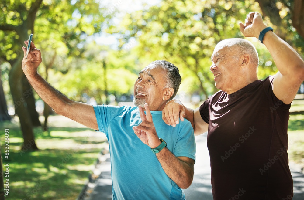 Friends, men and taking a selfie after exercise in park with peace sign, smile and together for fitness. Mature, people and happy in wellness, workout or cardio in retirement for walk, bond or health