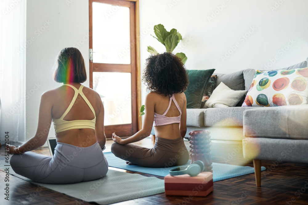 Yoga, meditation and friends in yoga online class in home, living room or women or streaming exercise and workout. Healthy, fitness and training with holistic learning for zen, wellness and peace