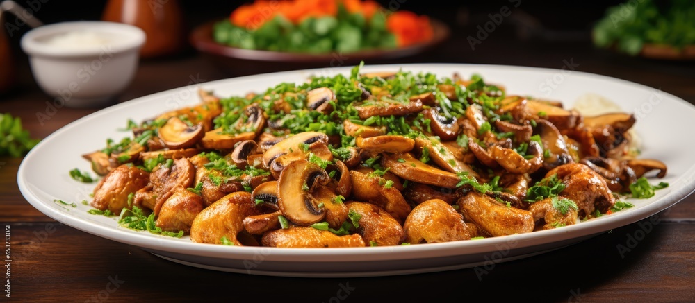 Aerial shot of tasty healthy mushroom recipe on plate on table