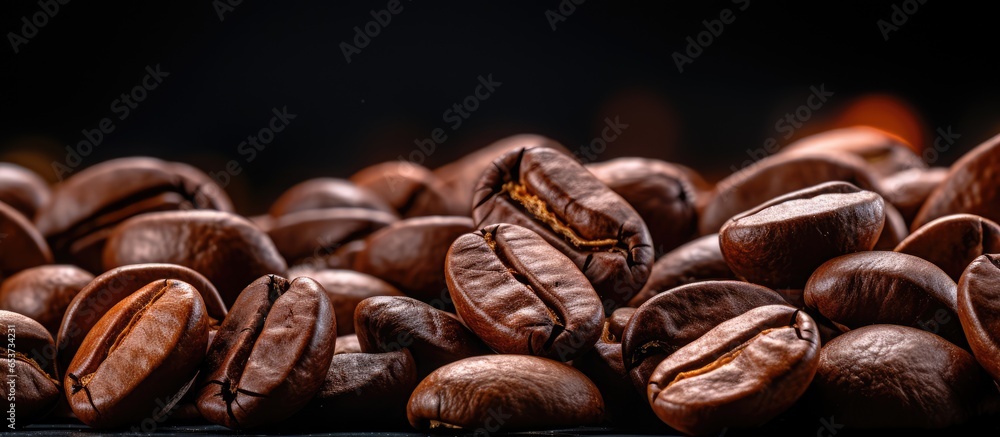 Closeup of dark background with brown roasted coffee beans