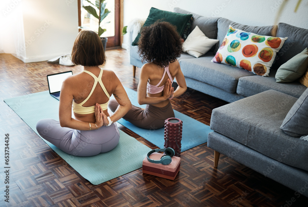 Friends, stretching and yoga online class in home, living room or lounge or streaming exercise and workout. Healthy, fitness and training with holistic sport or practice for wellness in house