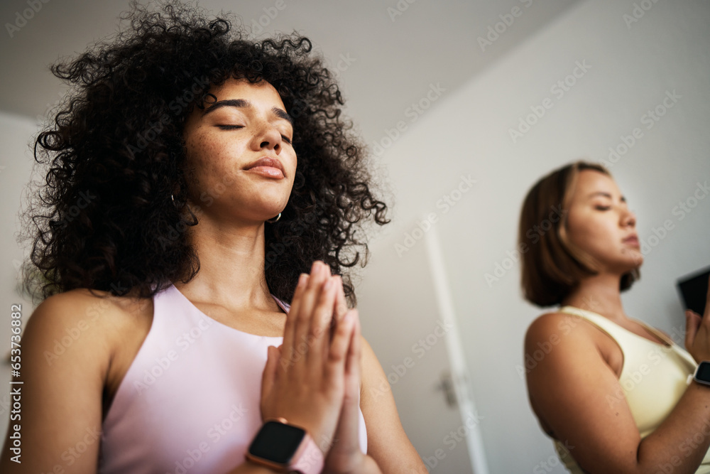 Women friends, yoga and meditate at home, zen and peace for bonding or support. Calm people, wellness and health for flexibility, care and zen fitness in living room, strong core and namaste in soul