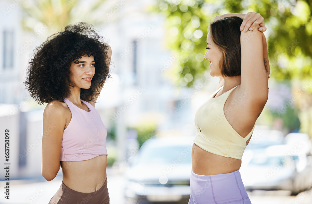 Fitness, healthy and friends stretching together for workout, exercise and wellness in a city for energy in nature. Smile, happy and women training in summer ready for morning sports or warm up