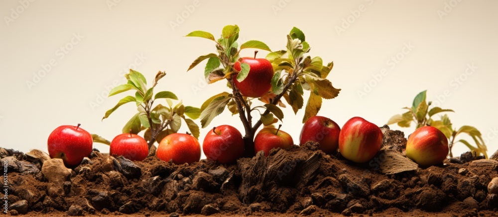 Apple tree in soil patch with autumn fruits