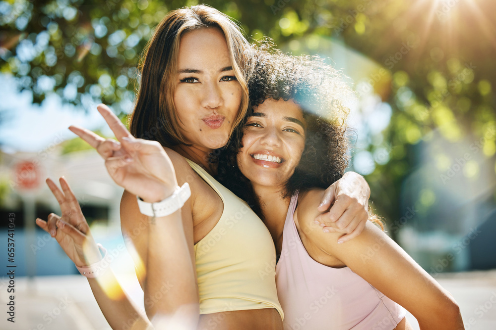 Fitness, peace sign and portrait of women together for workout, exercise and wellness in a park for health in nature. Smile, happy and friends training in summer ready for morning sports or warm up