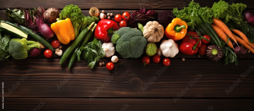 Fresh organic vegetables arranged on a wooden background Healthy food on rustic table with space for text Various cooking ingredients seen from above