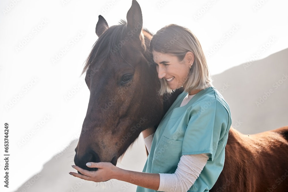 Horse doctor, care and smile outdoor at farm for health, care or happy with love for animal in nature. Vet, woman and equestrian healthcare expert in sunshine, countryside and helping for wellness