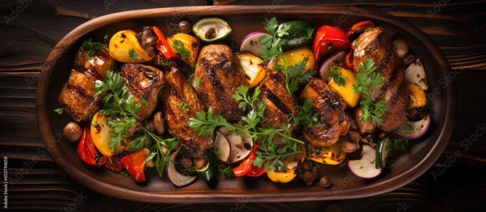 Chicken liver and vegetables on wooden background seen from above