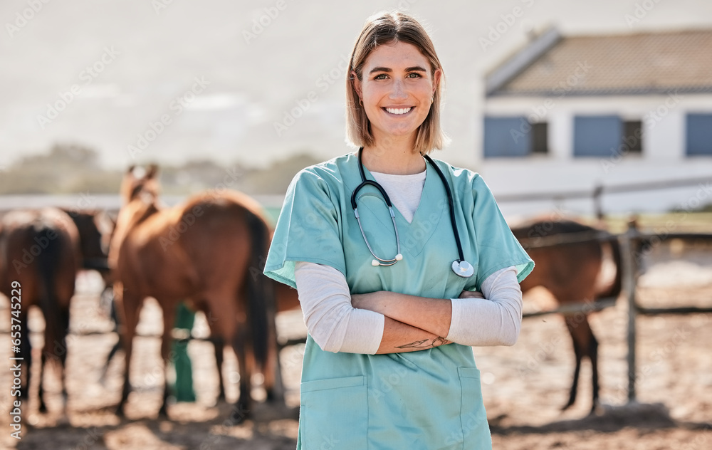 Happy horse vet, portrait and woman with arms crossed, care or smile for love, animal or nature at farm. Doctor, nurse and equine healthcare expert in sunshine, countryside and services for wellness