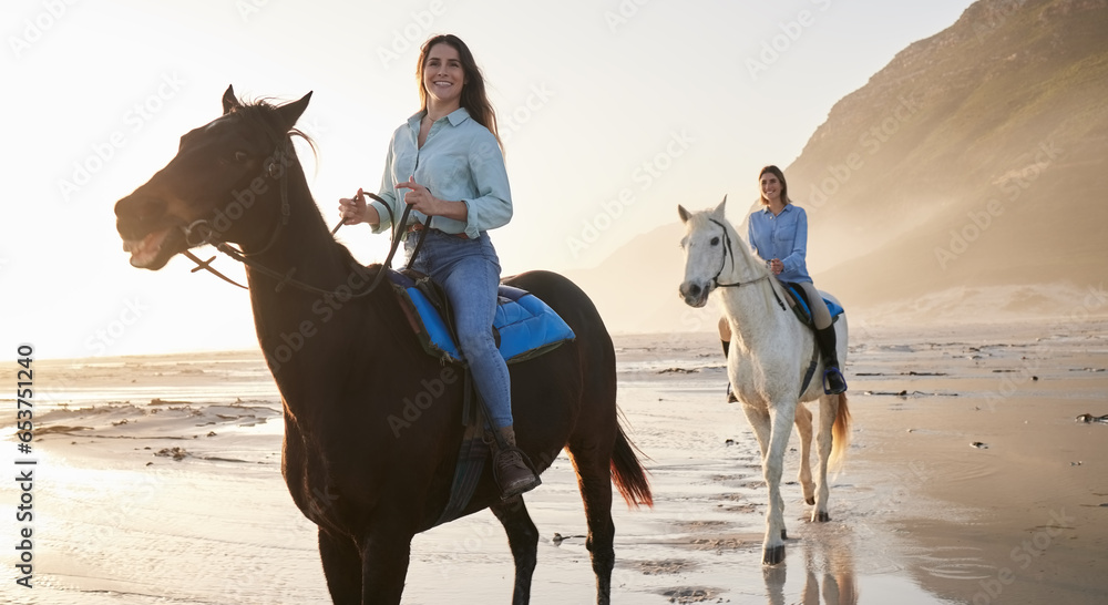 Woman, happy and horse riding with face at beach for bond, activity or self care on holiday. Female, friends or people on vacation by travel for relaxing, health or love at shore, mountains and sport