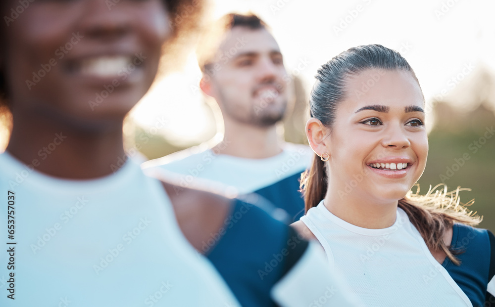 Happy, group and people for fitness in nature for running, workout and sports together. Smile, thinking and diversity of friends in a park in the morning for teamwork in training, exercise or cardio