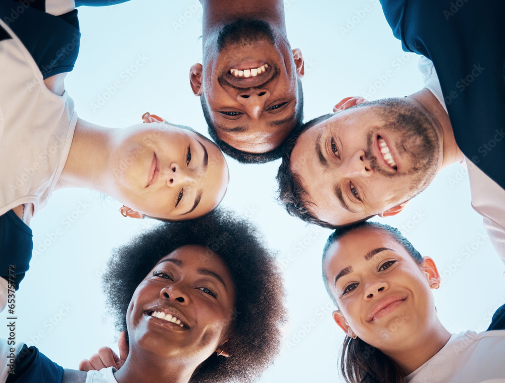 Cheerleader circle, portrait and face of happy team for sports competition support, huddle or group unity. Cheerleading synergy, below view and dancer solidarity, teamwork practice or fitness contest