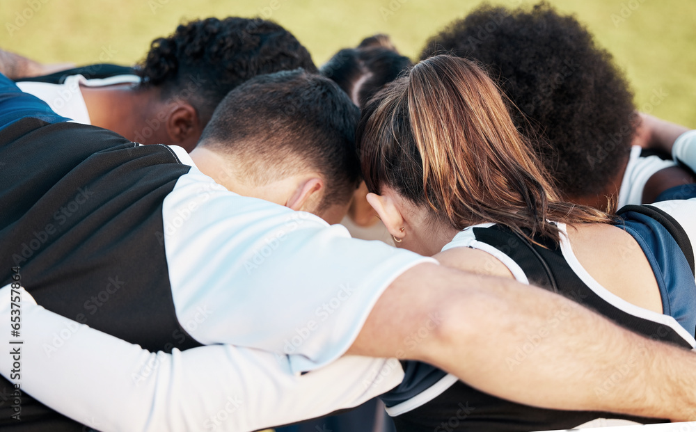 Cheerleader team, field people and huddle for sports competition support, dance strategy or outdoor routine. Cheerleading, group solidarity and dancer performance, teamwork practice or contest unity