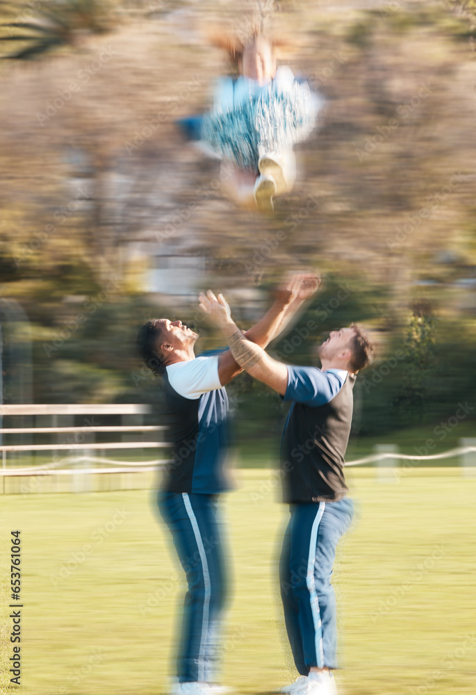 Cheerleader team, group toss and people doing sports competition routine, dance or throw person in air. Cheerleading training, action motion blur and dancer performance, teamwork practice or exercise