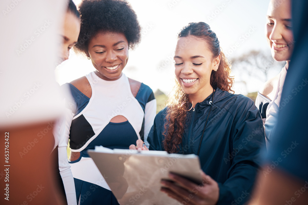 Cheerleader coach, clipboard and happy team listening, attention and planning sports competition strategy. Cheerleading list, group smile and dancer coaching performance, teamwork or game instruction