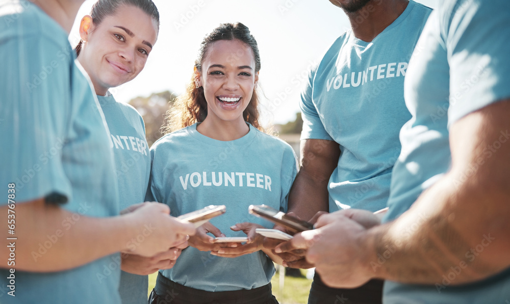 Volunteer, park and portrait of people with phone for social media, online chat and charity website update. Community service, teamwork and happy ngo group on smartphone outdoor for cleaning litter