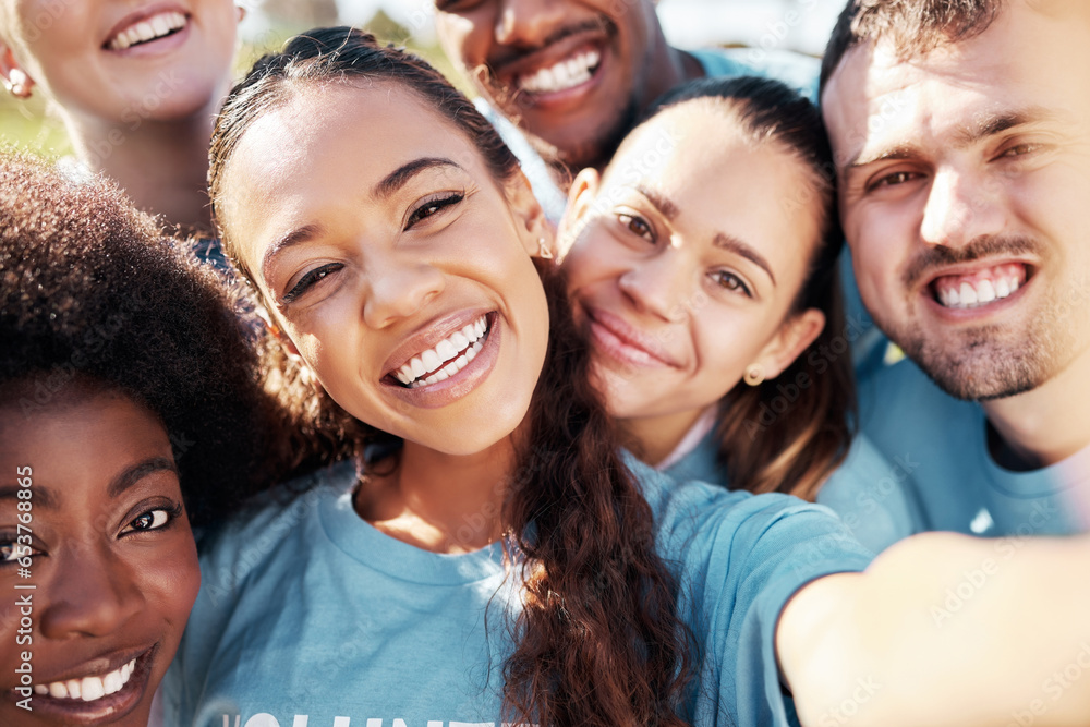 Selfie, smile and an eco friendly volunteer group outdoor together for climate change awareness. Portrait, charity or community with man and woman friends in nature to save our planet on earth day