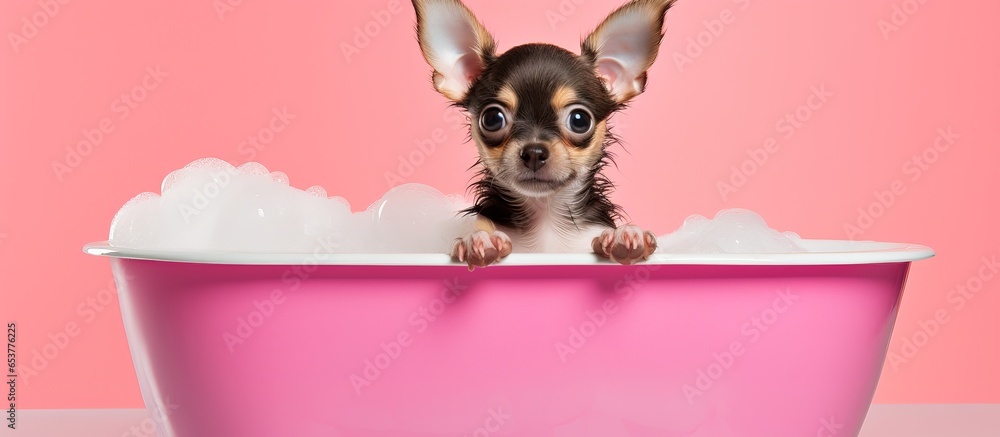 Chilled out chihuahua pup getting a pink bathtub bath